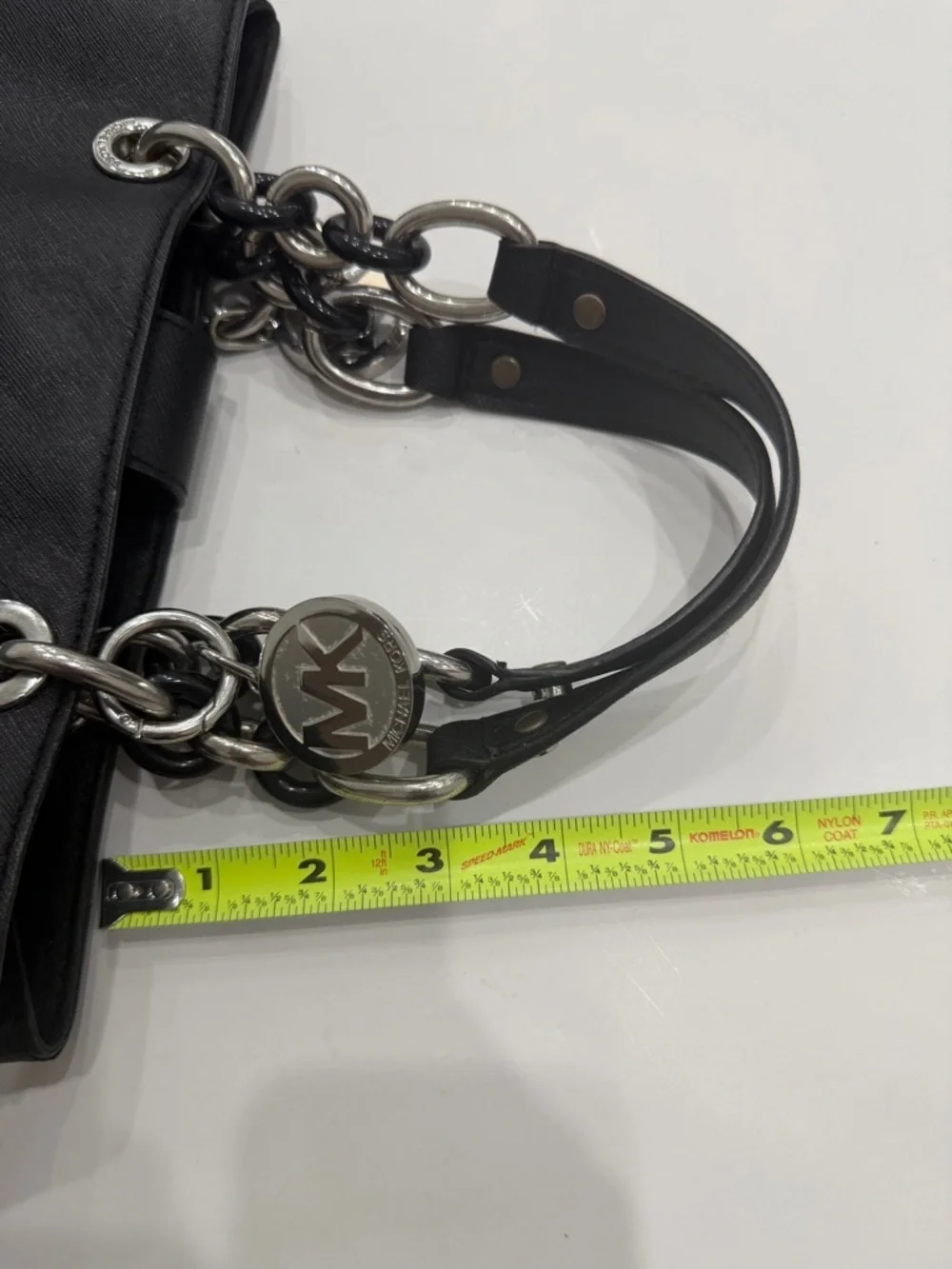 MICHAEL KORS Black Tote Shoulder Bag Silver Chain Strap MK Charm Classic